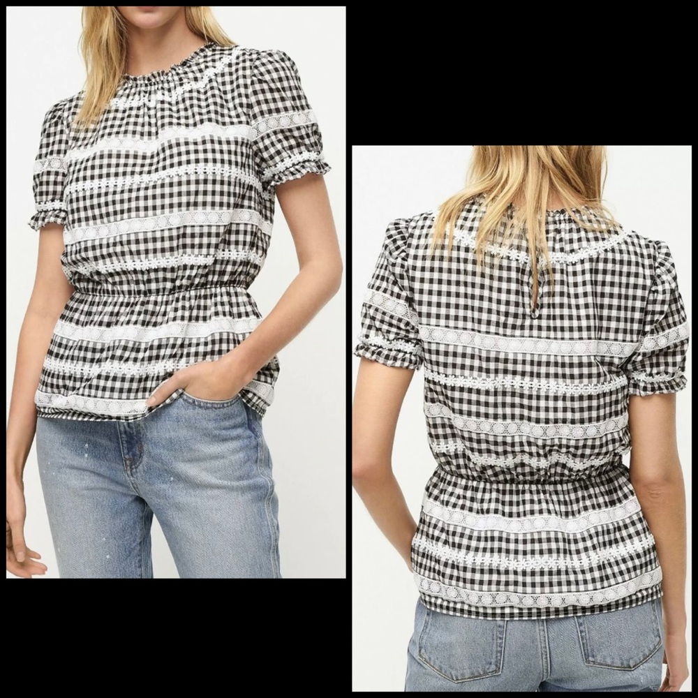J. Crew Black & White Gingham Crochet Daisy Peplum Blouse